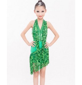 Green sequined fringes tassels v neck rhinestones girls kids children competition performance professional backless latin dance dresses